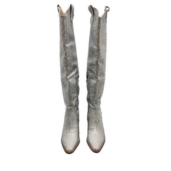 Rhinestone Embellished Silver Western Style Knee-High Boots Block Heel Size 6 - Picture 3 of 12